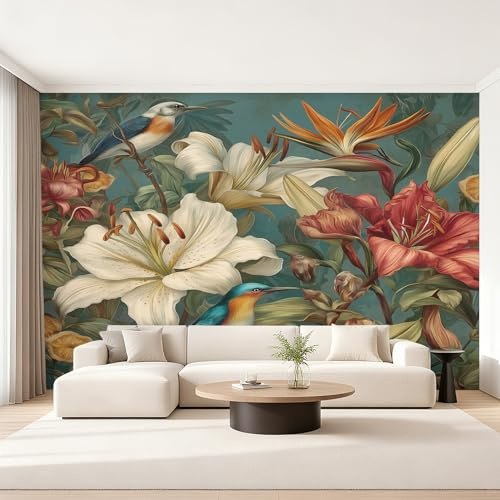 Flower Bird Wallpaper for Living Room, Tropical Plant Flower Wall Mural for Bedroom 250x175 cm, Non-Woven Photo Wallpaper, Home Decor D&O136