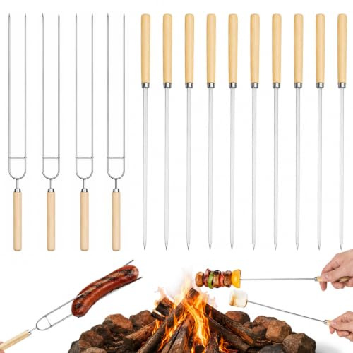 Set mit 14 Teilen Stockbrot Spieße –Wiederverwendbar Lagerfeuer Grillspieße,Marshmallow Spieße mit Holzhandgriff, für Campingessen,Lagerfeuer (Holzfarbe)