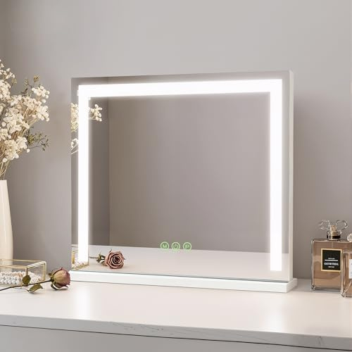 Heilmetz Schminkspiegel mit Beleuchtung für Tisch 50x42cm, Großer Kosmetikspiegel mit 3 Lichtfarben (3000K-6500K), Dimmbarer Standspiegel mit Memory-Funktion, Plug & Play für Schminktisch, Weiß