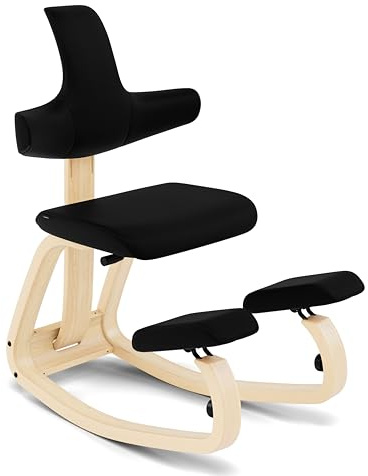 Varier Thatsit Natur/Schwarz Ergonomischer Kniestuhl Höhenverstellbar mit Rückenlehne und Holzrahmen aus Buche für Aktives Sitzen – 10 Jahre Qualitätsgarantie