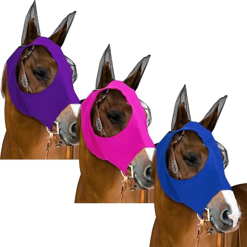 3 Stück bunt Fliegenmaske Pferd Schwarz Fliegenmaske Fliegenmaske Pferd uv Schutz Große Pferdemaske mit Ohren, Klettverschluss & atmungsaktivem Netz Für Warmblut, UV- &Insektenschutz (M 41CM)