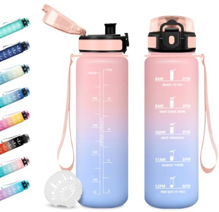 Sportflasche 500ml, Trinkflasche mit Zeitmarkierung und Filter, Trinkflasche Kohlensäure Geeignet, Auslaufsicher, BPA-frei, Motivierende Wasserflasche für Fitness, Schule, Fahrrad, Yoga, Camping,
