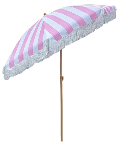 Parasol de Jardin Bohème à Franges de 200 cm, Auvent d'extérieur pour Balcon, Bord de Piscine ou Terrasse, Rayures roses et blanches
