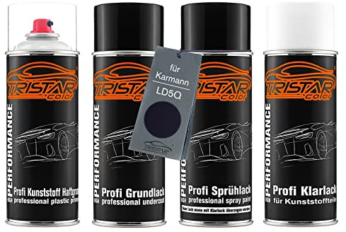 TRISTARcolor Autolack Spraydosen Set für Kunststoff Stoßstange für Karmann LD5Q Shadow Blue Metallic/Shadowblau Metallic Haftgrund Grundlack Basislack Klarlack mit Weichmacher