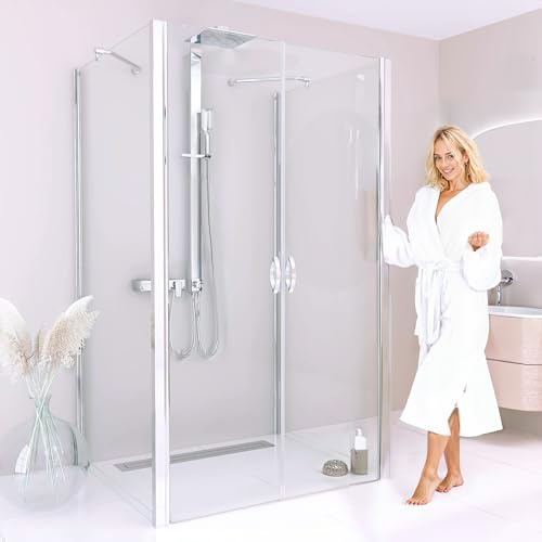 BIJON Duschkabine U Form 90x90 Dreiseitig Klarglas, Dusche Uform Duschkabine 90x90x195 cm - Nano, Lotuseffekt, Duschkabine 3 Seitig mit Pendeltür, Duschabtrennung ECHT-Glas