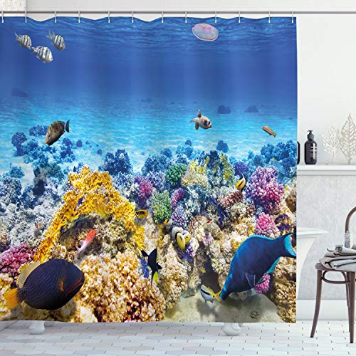 ABAKUHAUS Fisch Duschvorhang, Ozean Korallen Goldfish, Stoffliches Gewebe Badezimmerdekorationsset mit Haken, 175 x 180 cm, Türkis