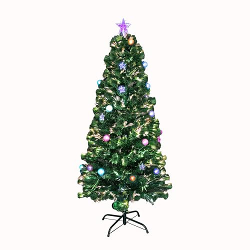 4Ft/120cm Fibre Optic Christmas Tree with Star Topper - Baubles and Stars Decorations - Pre-Lit Green Artificial Xmas Tree - Multicolor Changing Lights