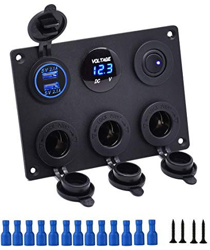 Thlevel 6 in 1 Multifunktionspanel 12V Steckdose Dual USB Ladegerät Blau LED Voltmeter Kippschalter Zigarettenanzünder Panelfür Auto KFZ