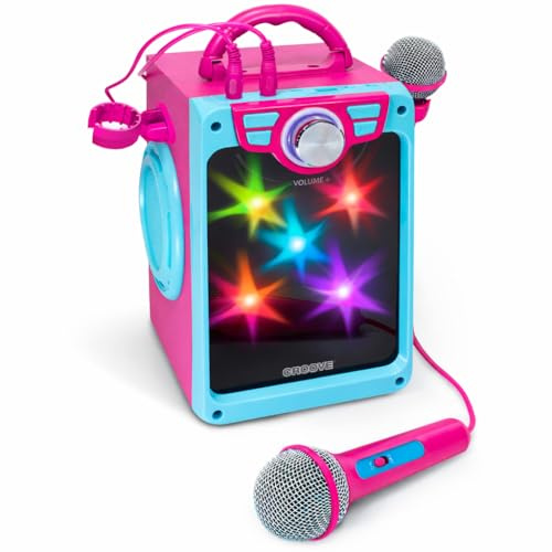 Croove Rechargeable Karaoke Machine for Kids, Pink Portable Karaoke Set, Gift for Girl Speaker & 2 Microphones with Lyrics Display, Bluetooth/AUX/USB, Best Birthday Gifts For Girls Ages 8 9+ Years Old