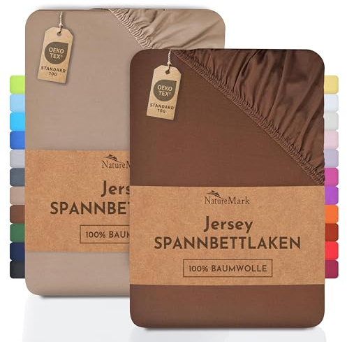 NatureMark Lenzuolo matrimoniale in jersey in confezione da 2 pezzi, lenzuolo matrimoniale 100% cotone QUALITÀ DEL ÖKOTEX Standard 100, 140 x 200 cm - 160 x 200 cm, Sabbia/Marrone cioccolato