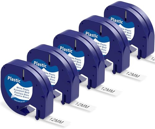 A91221 White Plastic 12mm x 4m Etikettenband Kompatibel mit Dymo Letratag Etikettenband Kompatibel mit Dymo Beschriftungsgerät LetraTag LT-100H,200B,XR,LT-110T,QX50,2000,XM Wasserfest UV Beständig