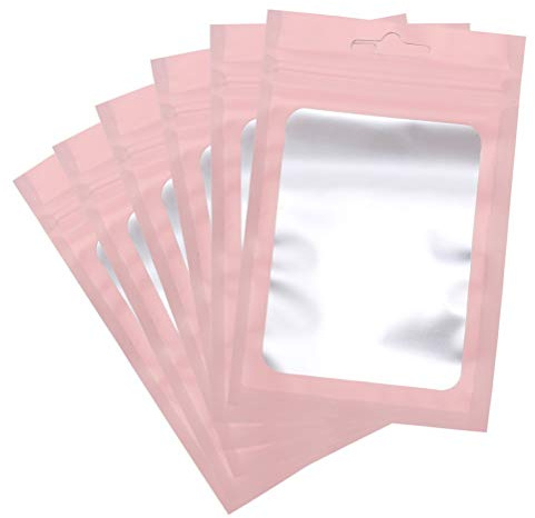 nuoshen 100 st foliepåsar, rosa återförslutningsbar Mylar Ziplock foliepåse med genomskinligt fönster för mat självförslutande förvaringsartiklar (12,7 x 7,9 cm)