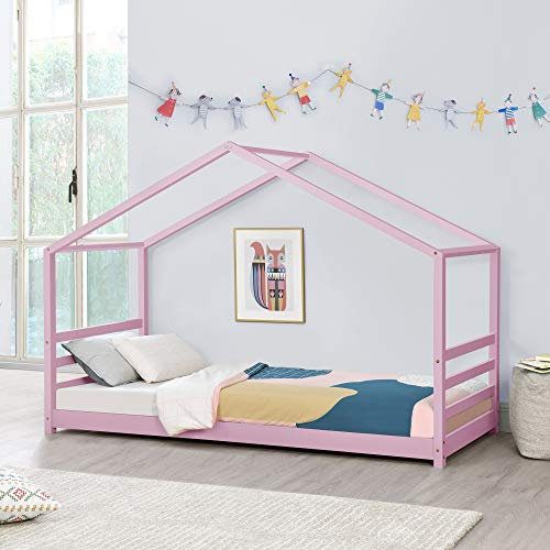 [en.casa] Children's bed Vardø with Slatted frame and grid 90 x 200 cm House bed Youth bed pine wood Pink