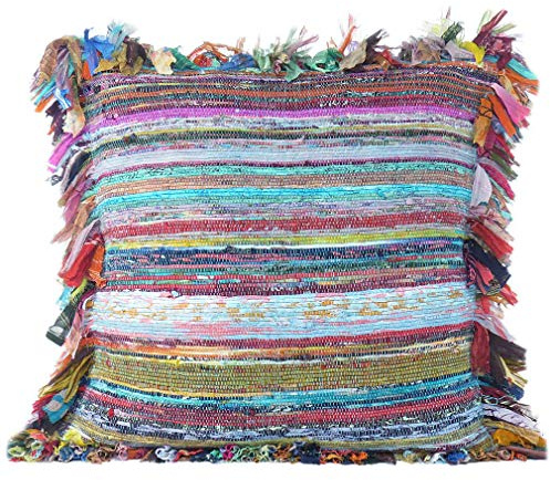 Eyes of India - 24 Blau Groß Chindi Fleckerlteppich Dekoratives Kissen Sofa Kissenbezug Schutzhülle Sofa Überwurf Indische Böhmisch Akzent Bunt Boho Chic Handgefertigt Abdeckung