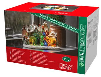 Konstsmide LED Fiberoptikhaus Dorfszene und Weihnachtsbaum, mit Musik, 13 bunte Dioden, 4,5V Innentrafo/batteriebetrieben, Innen, 0,65W, schwarzes Kabel, Batterie: 3 x AAA 1,5V (exkl.) - 4233-000