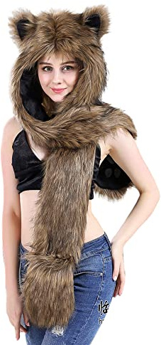 3 in 1 Furry Animal Hood Hat Scarf Mittens Warm Plush Hoodie Cap with Earflaps Full Pockets Winter Faux Fur Cartoon Beanie Hat Earmuffs for Men Women