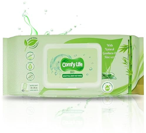 Comfy Life Biodegradable Adult Full Body Wet Wipes Large Luxury Eco-Friendly Fresh-Feel Rinse-Free Fragrance-Free Bed Bath Intimate-Care Soft Sheets (1 Pack (40 Wipes))