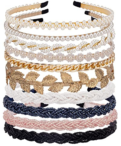 LYroo Pearl Headbands Beaded Headband Metal Head Bands No Slip Hair Accessories for Women Girls,10 Pack