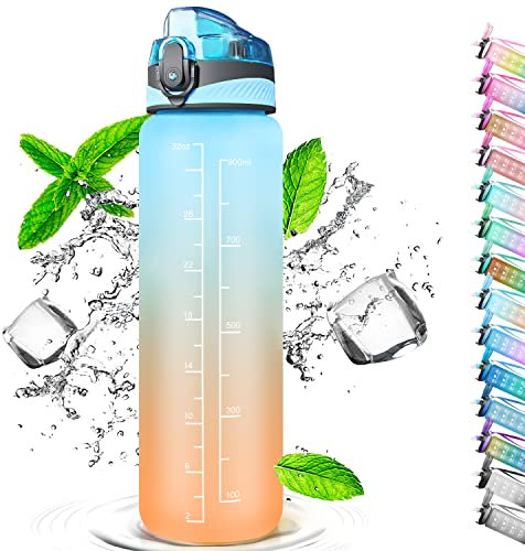 Auckpure Sport-Trinkflasche, 1 l, Wasserflasche mit Strohhalm, mit Marker, Öffnen mit einem Klick, geeignet für Fitnessstudio, Yoga, Camping, Radfahren und das Familienleben (Blau Orange)