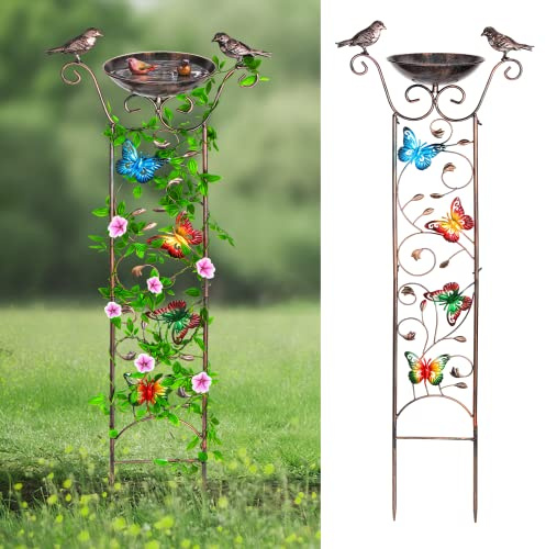 Desgully Fågelbad med trädgårdsspaljé för klätterväxter utomhus, med dekorativa fjärilar fristående avtagbar fågelmatningsskål fågelbad för utomhus antikt järn