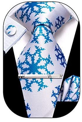 Hi-Tie jul slips set silke röd blå grön XMS slips och klämma pin ficka fyrkantiga manschettknappar set, Vit blå, M