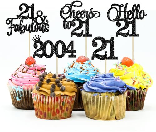 Gyufise 30Pcs 21st Birthday Cupcake Toppers Hello 21 Cupcake Picks 2004 Cupcake Topper for Happy 21st Birthday Anniversary Party Cake Decorations Supplies Black