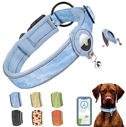 AgoumLux Hundehalsband für Integriertes Apple AirTag Halsband Air Tag GPS Verstellbar Neopren Nylon Reflektierend für Kleine Mittel Große Hunde, Blau, L