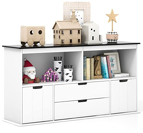 COSTWAY Spielzeugschrank für Kinder, Kinderregal Kommode mit 4 Schubladen, Spielzeug-Organizer für Kinderzimmer & Wohnzimmer, Aufbewahrungsschrank Holz (Weiß+Schwarz, 121 x 33 x 62 cm)