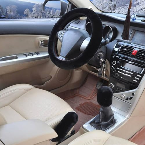 Lenkradbezug Plüsch,Lenkradabdeckung Winter,Warme Lenkrad Abdeckung,Universeller Auto-Lenkradbezug,Handbremse Schaltabdeckung Und Lenkradschoner für Damen und Mädchen,Auto-Dekorationszubehör,Schwarz