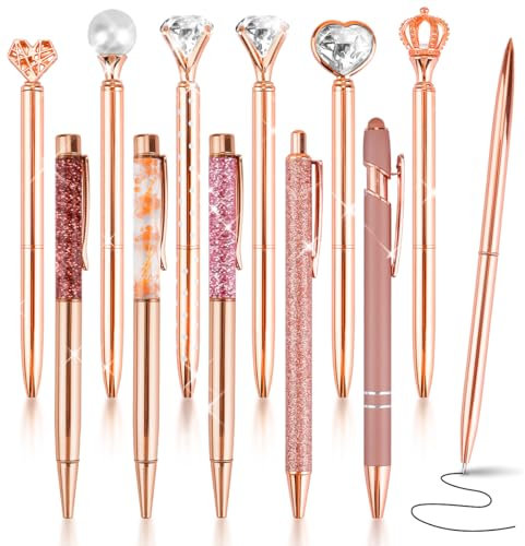 IBEQUEM 12 Rose Gold Kugelschreiber, Crystal Metallic schwarze Tinte feine Spitze Diamant Stift, Mädchen Geschenk, Schule, Haus, Bürobedarf (Roségold)