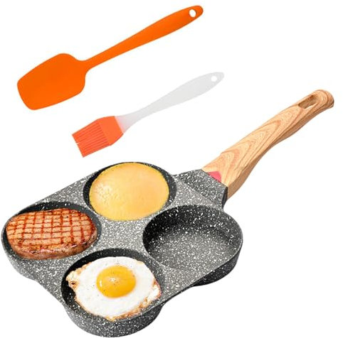 MEGYAD Padella Multi-compartimento Antiaderente a 4 Fori, Padella per Pancake con Spatola e Spazzola in Silicone, per Induzione e Fornelli a Gas, 21 cm di Diametro