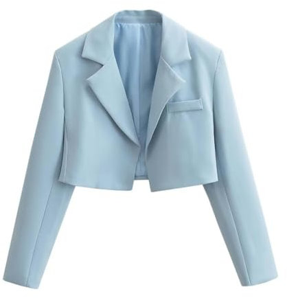 Blazer Corto Nero con Spalline Imbottite da Donna con Design di nicchia Tailleur Grigio a Vita Alta Top-Azzurro-S