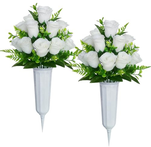 Wcro White Artificial Cemetery Flowers,2 Sets Artificial Rose with Vase