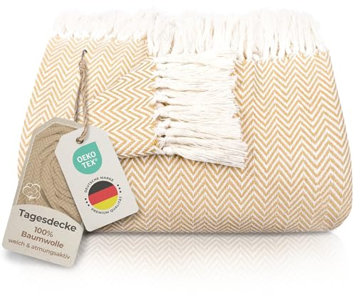 Gräfenstayn Premium Tagesdecke mit Fransen - 100% Baumwolle - 220 x 240 cm - Fischgrätenmuster Sommerdecke - Baumwolldecke als Bett-Überwurf, Couch-Überwurf, Sofa-Decke (Beige)