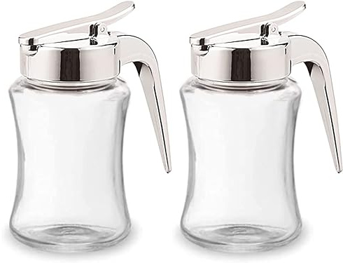 J&M DESIGN 2-Pack Glass Syrup Dispenser Bottle for Maple Syrup, Honey Pot or Sugar Jar W/Handle Shaker For Pancakes, Coffee, Cereal Bowl, Tea Pour Spout Lid Easy Spoon Measure 7.5oz Container Holder