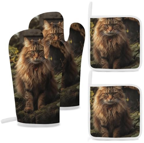 Lot de 4 gants de cuisine et maniques résistants à la chaleur - Motif chat assis dans un buisson - Gants de barbecue - Gants de cuisine pour la cuisine et les grillades