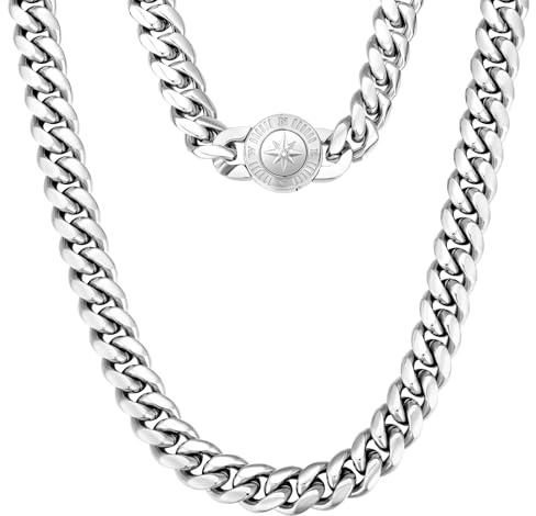 KRKC&CO 12mm Herren Panzerkette mit rundem Kompass Verschluss, Weißgold plattiert Cuban Link Chain, Edelstahl Miami Kubanische Gliederkette Silberkette, Halskette für Männer Jungen [Größe 50,8cm]