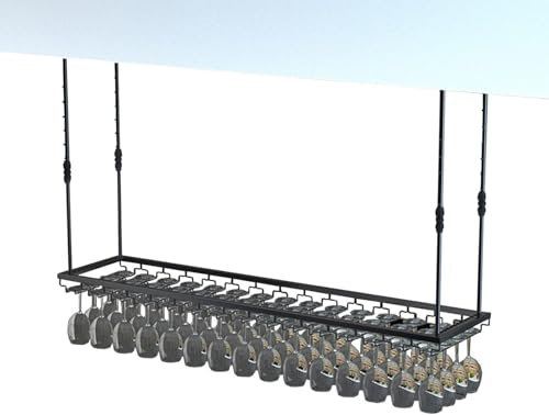 ZHENCHAO Portabottiglie da soffitto e portabicchieri da Vino, portabottiglie in Metallo con portabicchieri, portabottiglie da Vino sospeso Regolabile, Nero Opaco, portabicchieri da Vino cap