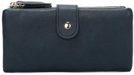 Vision Textiles Women's Navy Ladies Purse Wallet with Double Zipped Compartments, Press Button Strap Closure, Multiple Card Slots, Zip Coin Pockets