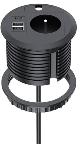 Dinolink Einbausteckdose mit USB C PD20W, Einbau-Steckdosenleiste mit 1 Steckdose, 1 USB-C-Anschluss, 2 USB-A-Anschlüsse, Schreibtischsteckdose für Arbeitsplatte, Küche, Büro, Möbel, Ø 80 mm, 2 m