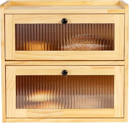 Lnopever Huche à Pain Grandes BoîTes de Rangement Pour Pain En Bois Massif Double Boite a Pain BoîTe de Rangement Pour PâTisseries Avec Porte MagnéTique En Acrylique Huche à Pain (BûChe)
