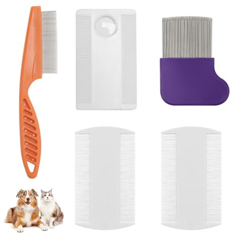 5 Pack Flea Lice Comb, Stainless Steel Dog Cat Grooming Combs with Rounded Teeth, Double Sided Professional Pet Tear Stain Remover, Dematting Tool for Small, Medium & Large Pets