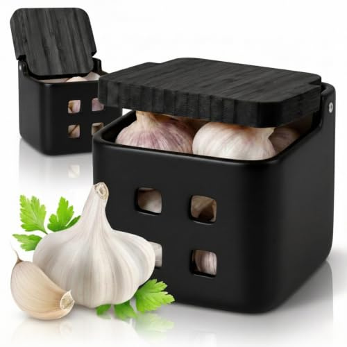 KOOK TIME vitlöksburk – keramik med lock av bambuträ – vitlöksförvaring med ventilationshål för optimal konservering – vitlöksburk 11,5 x 11,5 x 11,5 cm. - Allt svart