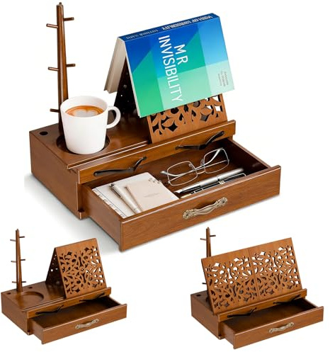 WPAJIRZO Support de Lecture en Bois avec Tiroir, Porte-stylo et Porte-tasse, Support de Livre Triangulaire pour Bureau et Table de Chevet