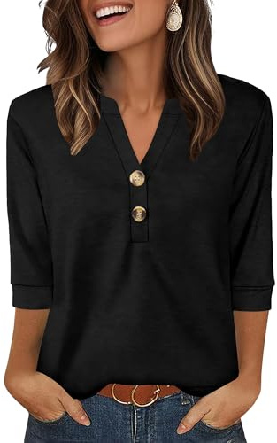 Aokosor Womens 3/4 Sleeve Tops Ladies Blouse V Neck Tunic Long Sleeve T Shirts Curved Hem Office Wear