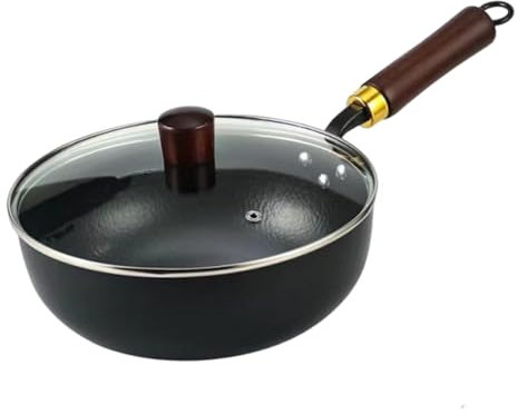 Wok giapponese - Wok metallico con coperchio in legno, pentola antiaderente forgiata a mano | padelle antiaderenti per friggere | Grande pentola antiaderente per fornelli a induzione, piano cottura