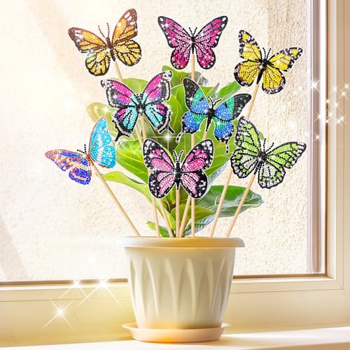 Mexgcom 8 Stück Diamond Painting Schmetterling Sets, Diamond Painting Erwachsene Gartendekoration Kinder Schmetterling Bilder, DIY Basteln Ornaments Zubehör Für Gärten und Innenräume