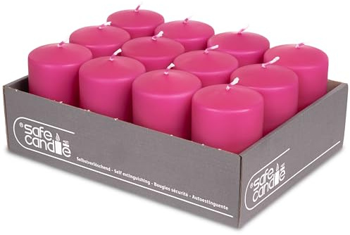 DecoLite Stumpenkerzen 10 x 6 cm, 36h Brenndauer, 12 Stück, Fuchsia | RAL-geprüft, Safe Candle selbstverlöschend, tropf- & rußfrei, ohne Duft, 12 Stück, 10 x 6 cm, 36 h