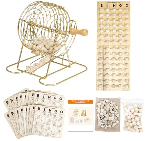 Extguds Wooden Bingo Game Set – Deluxe Bingo Kit with 7in Cage & Wooden Handle,400 Wood Bingo Chips, 15 Solid Wood Bingo Cards & Storage Bag, Master Board, 78 Bingo Balls for Large Groups, Parties