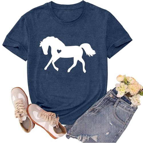 sallrue Horse Shirts for Women Horse Riding Tshirts Equestrian Shirt Animal Lover Tee Tops Blue